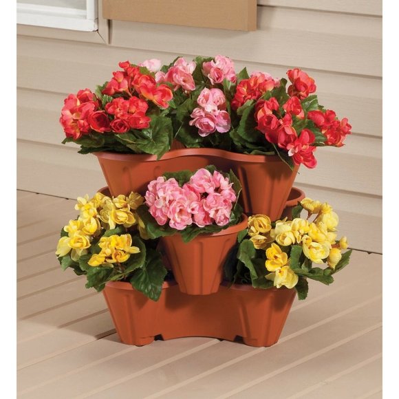 Stackable Garden Planters 3-Pc Weather Resistant Terra Cotta Plastic Outdoors - Picture 3 of 4